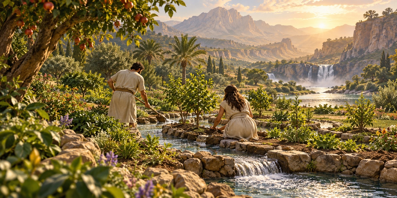 Two fully clothed figures tend young trees and guide a stream through a flourishing garden.