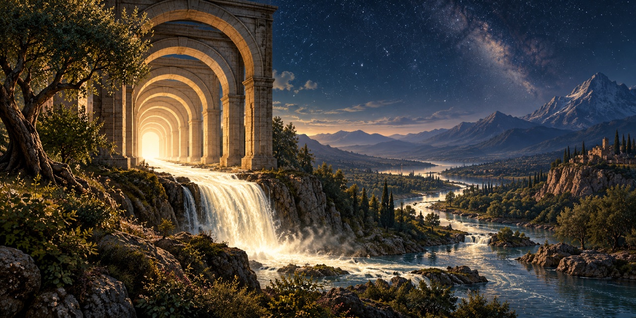 Pale light passes through concentric stone arches and becomes a river, trees, and a valley beneath the stars.