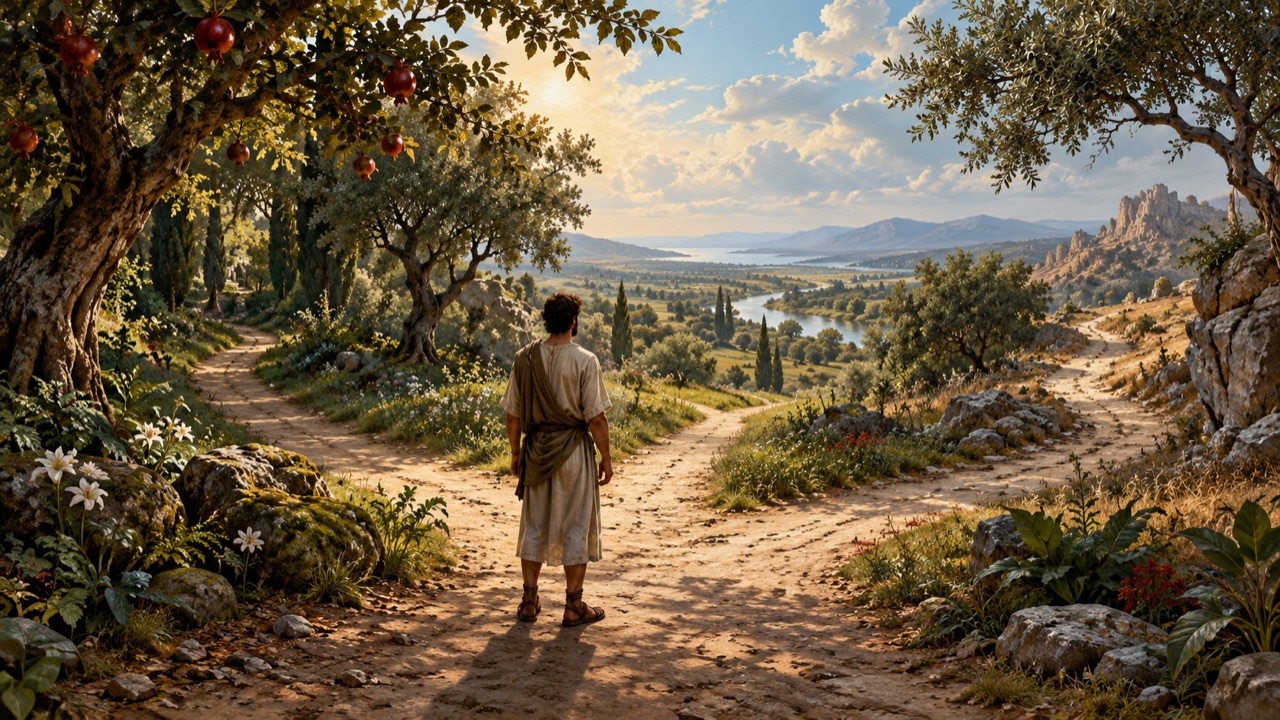 A solitary figure pauses where several paths branch through a deep green orchard.