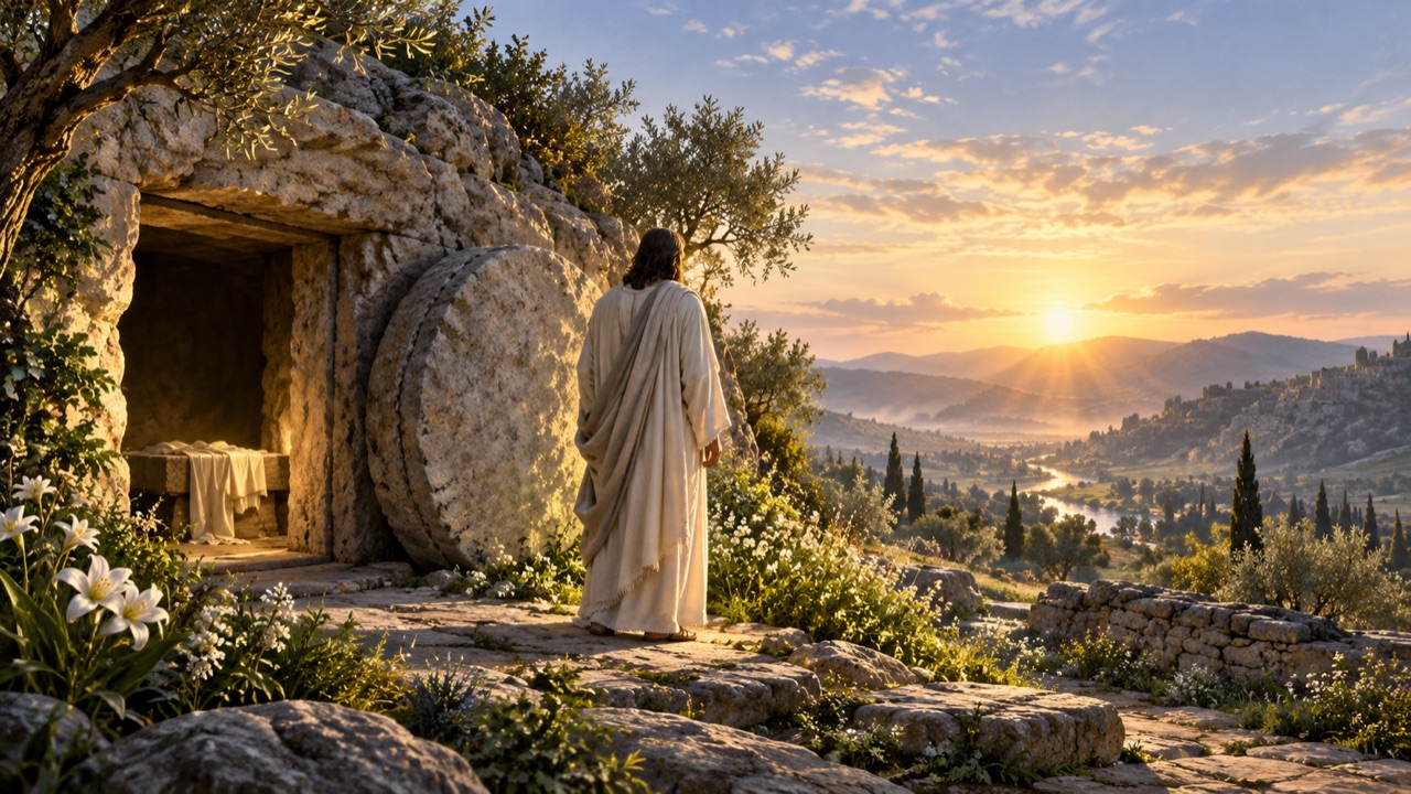 A distant robed figure stands beside an open garden tomb as dawn reaches a renewed landscape.