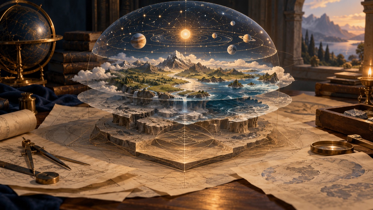 Layered parchment plans on a scholar’s desk give rise to a miniature universe of stars, hills, and water.