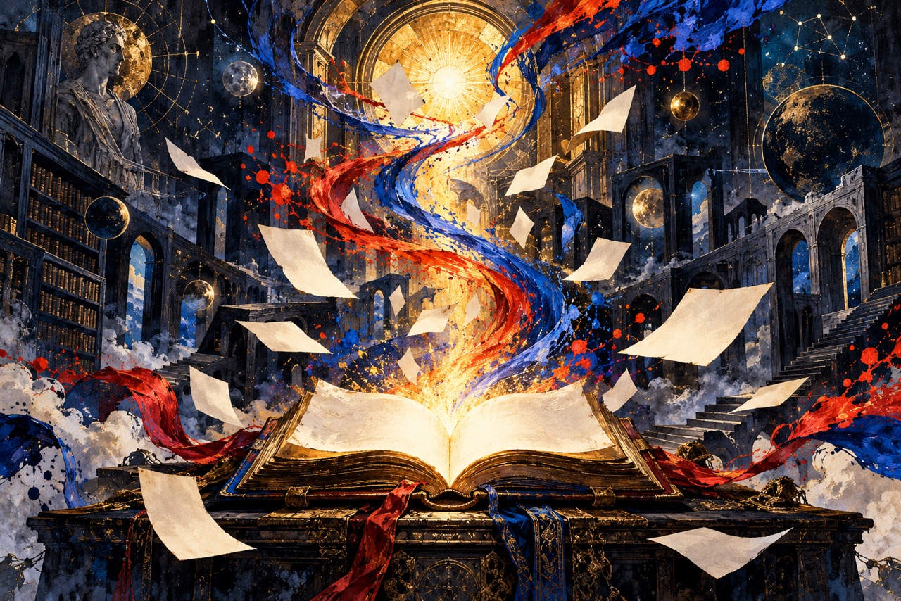An open book in an immense, illuminated archive, with orbiting spheres and blue and red streams suggesting the hidden architecture of creation.